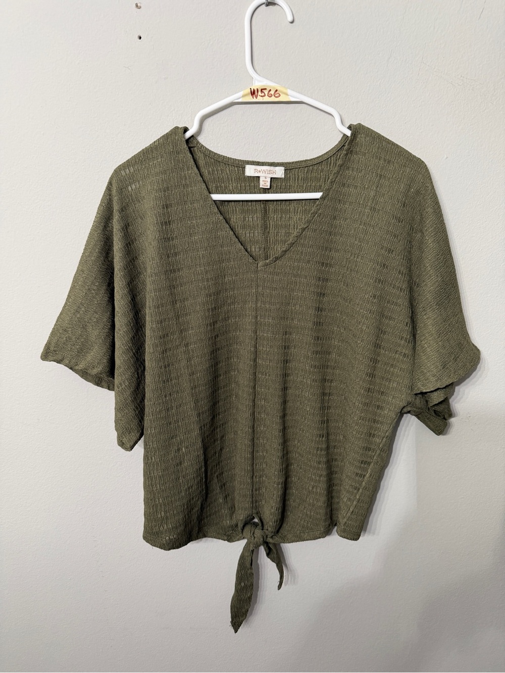 Women’s RxWISH Olive Green Textured Tie Front V Neck Blouse Small